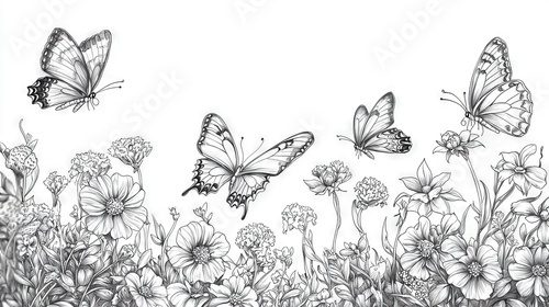 Fototapeta A black and white illustration depicts three butterflies soaring above a meadow of daisy flowers in the foreground