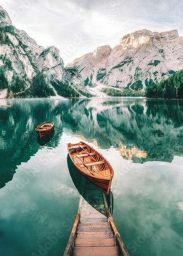 Fototapeta A boat in the middle of the water between mountains