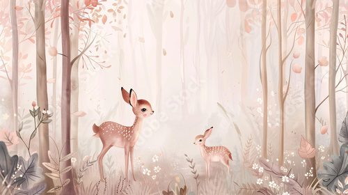 Fototapeta A painting of two deer in a forest with a pink background. The mood of the painting is peaceful and serene