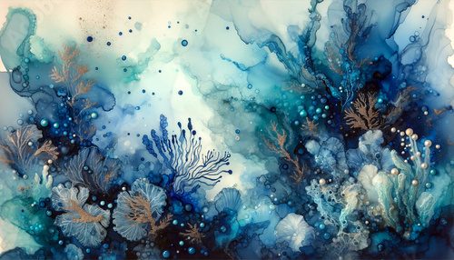 Fototapeta Abstract fluid art paint in concept underwater seascape by alcohol ink fluid texture in deep blue and turquoise tone.