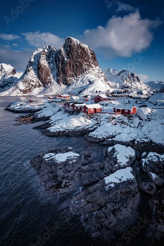 Fototapeta Amazing wintry landscape of Lofoten. Hamnoy fishing village is one most popular place in world. Lofoten islands the best location for landscape photographers and bloggers. stunning natural background.