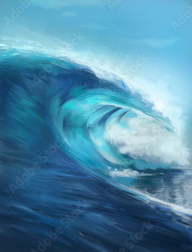 Fototapeta Digital painted illustration with waves. Digital painting style. Painting with ocean. Huge wave and sky with clouds.