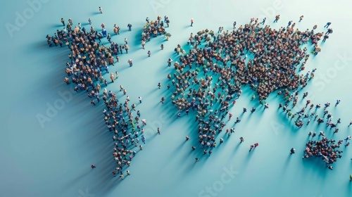 Fototapeta Diverse group of people standing in the exact formation of a world map on the ground, depicting continents and major geographical features.