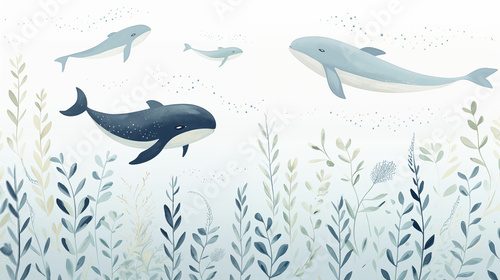 Fototapeta Three whales swimming in the water. Generative AI